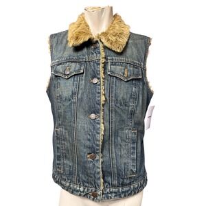 Y2K Gap Vintage 90s Denim Faux Fur Lined Vest Blue Medium